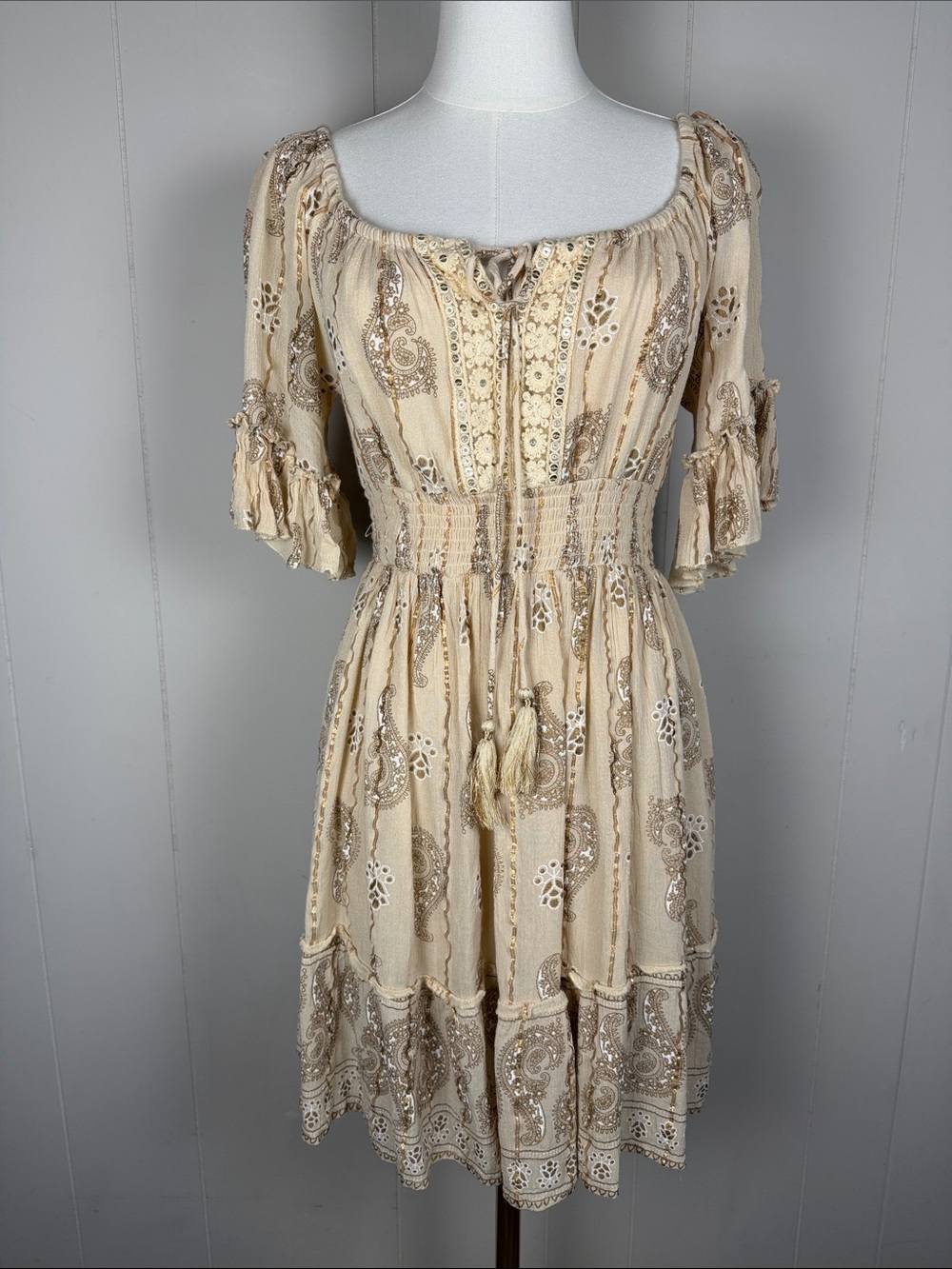 Ananta Boho Cream Gold Paisley Dress Smocked Waist Tassel Ties Rayon Size S/M